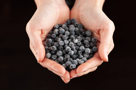 黑色背景下女性手中的冷冻蓝莓。