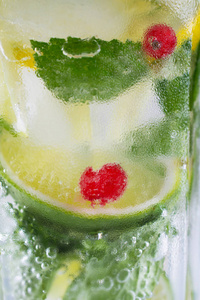 莫吉托喝石灰特写。 柠檬石灰薄荷莫吉托与气泡的宏观概念。 夏季冷饮。