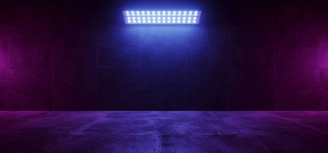 科幻现代优雅未来主义数码霓虹Led工作室大面板灯蓝紫色发光灯暗空咕噜混凝土房间背景舞台3D渲染插图