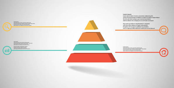 三维插图信息模板。 浮雕三角形分为四个颜色部分。 物体布置在灰色白色背景上。 彩色线与简单的标志在圆圈是在侧面。