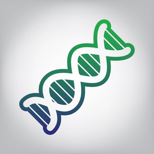 DNA信号。 矢量。 绿色到蓝色渐变轮廓图标在灰色背景，光线在中心。