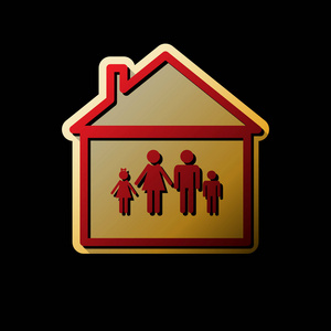 家庭标志插图。 矢量。 红色图标与小黑色和无限的阴影在金色贴纸在黑色背景。