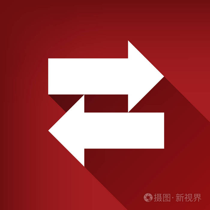 两个箭头左向右标志. 矢量. 白色图标与无限的阴影在红宝石红色背景.