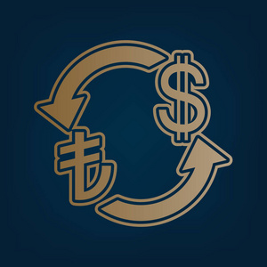 货币兑换标志。 土耳其里拉和美元。 矢量。 黑色青色背景下的金色图标和边框。