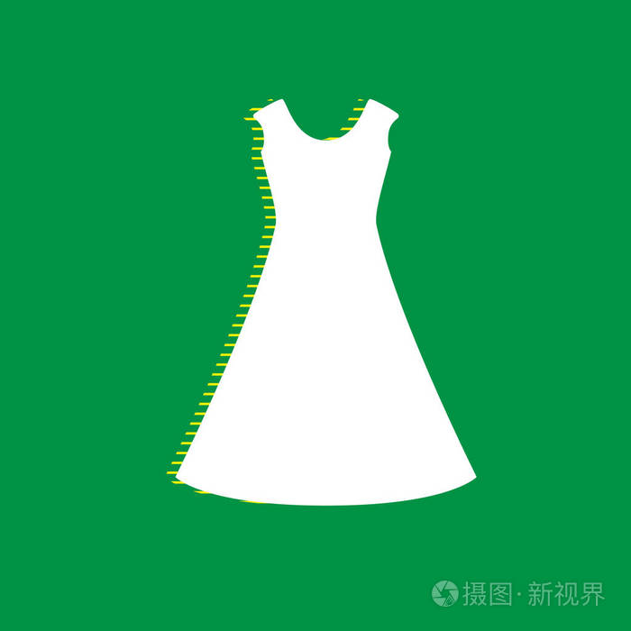 漂亮的长裙标志. 矢量. 白色平面图标与黄色条纹阴影在绿色背景.