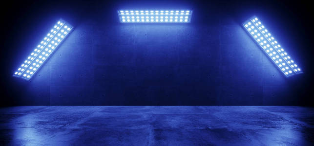 科幻现代优雅未来主义数码霓虹灯主导工作室大面板灯蓝色发光灯在黑暗空幕混凝土房背景3D渲染插图