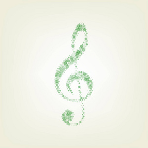 音乐小提琴克里夫标志。gclef。三倍的克里夫。矢量。绿色六边形改变图标和噪音不透明度和大小在浅绿色背景与中心灯。