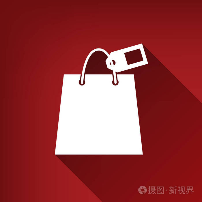 带标签的购物袋标志.矢量.白色图标与无限阴影在红宝石红色背景.