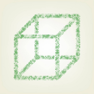 带可见肋骨的连线立方体标志。矢量。绿色六边形改变图标和噪音不透明度和大小在浅绿色背景与中心灯。