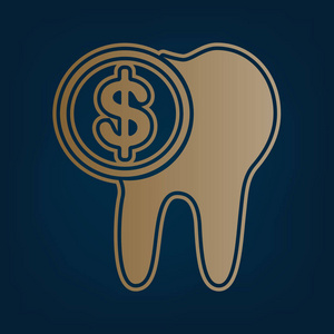 牙治疗标志的费用..矢量。黑色青色背景下的金色图标和边框。