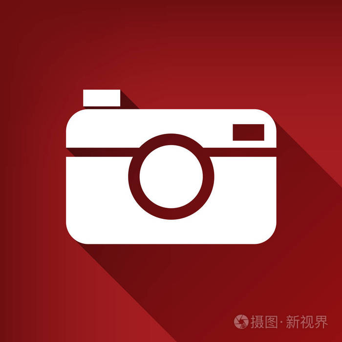 数码照片相机标志. 矢量. 白色图标与无限的阴影在红宝石红色背景.