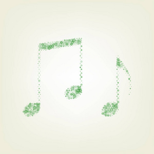 音乐笔记标志。 矢量。 绿色六边形改变图标和噪音不透明度和大小在浅绿色背景与中心灯。