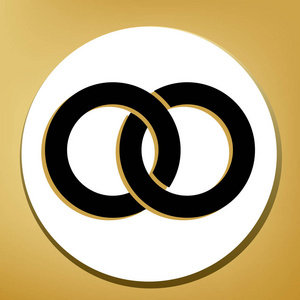 丁环标志插图。 矢量。 黑色图标与浅棕色阴影在白色圆圈与形状戒指在黄金背景。