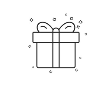 礼品盒线图标。 现在或销售标志。 生日购物符号。 包裹在礼品包装里。 几何形状。 随机交叉元素。 线性礼品盒图标设计。 向量