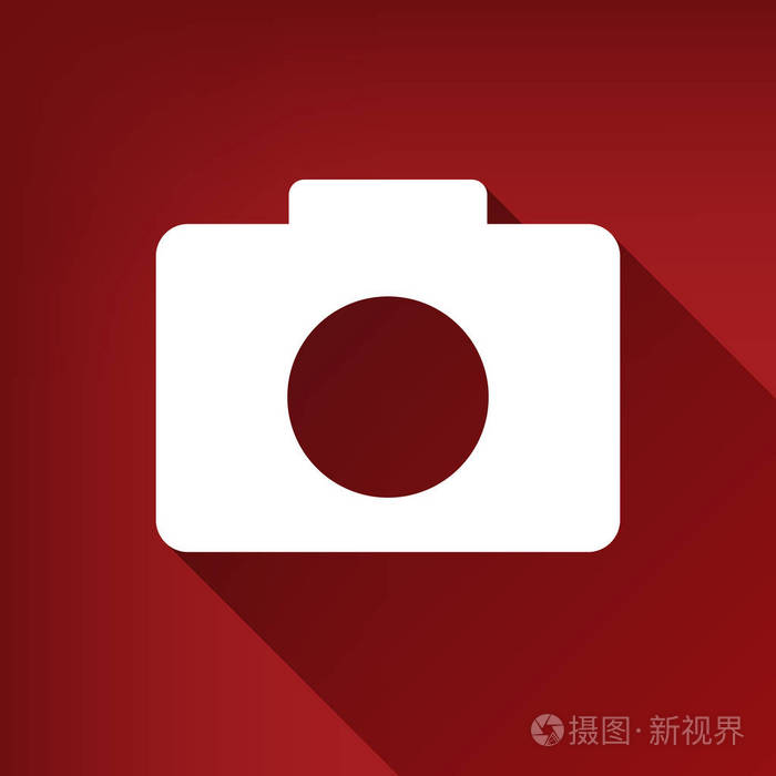 数码相机标志. 矢量. 白色图标与无限的阴影在红宝石红色背景.