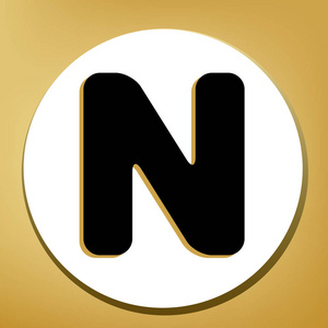 字母n标志设计模板元素。 矢量。 黑色图标与浅棕色阴影在白色圆圈与形状戒指在黄金背景。
