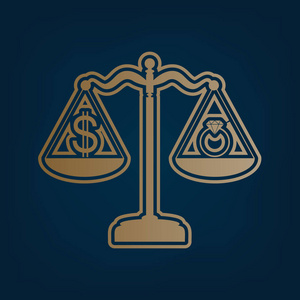  jeweler and dollar symbol on scales. Vector. Golden icon and bo