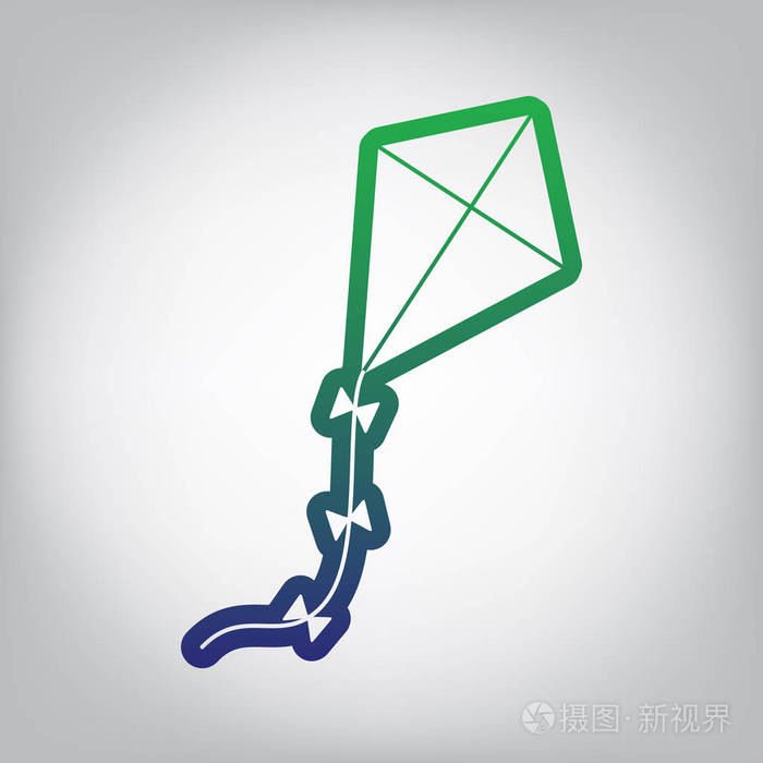 风筝标志 矢量 绿色到蓝色渐变轮廓图标在灰色背景,光线在中心.