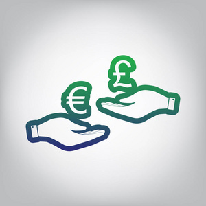 从手到手的货币兑换。 欧元和英镑。 矢量。 绿色到蓝色渐变轮廓图标在灰色背景，光线在中心。