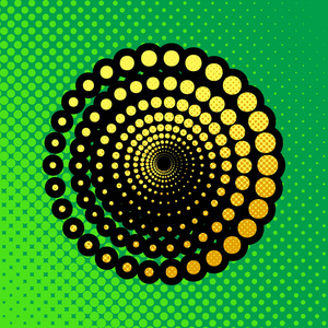 抽象技术界签署。 矢量。 流行艺术橙色到黄色点梯度图标与黑色轮廓在绿色背景。