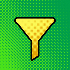 过滤简单的标志。 矢量。 流行艺术橙色到黄色点梯度图标与黑色轮廓在绿色背景。
