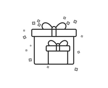 礼品盒线图标..现在或出售标志。生日购物标志。包装在礼品包装。几何形状。随机交叉元素。线性投递箱图标设计。矢量