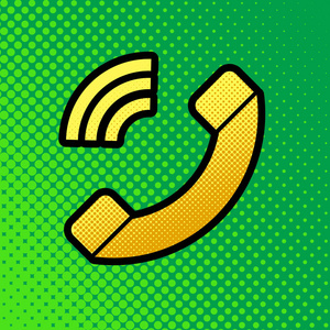 电话标志插图。矢量。流行艺术橙色到黄色点梯度图标与黑色轮廓在绿色背景。