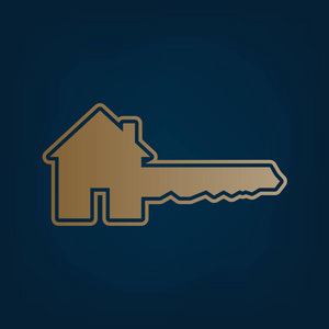 家庭钥匙标志。 矢量。 黑色青色背景下的金色图标和边框。