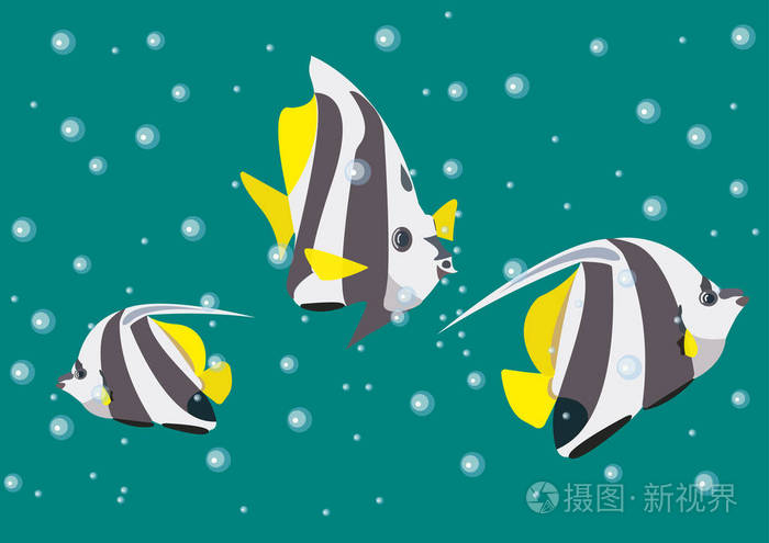 海深和气泡背景上的天使鱼的插图