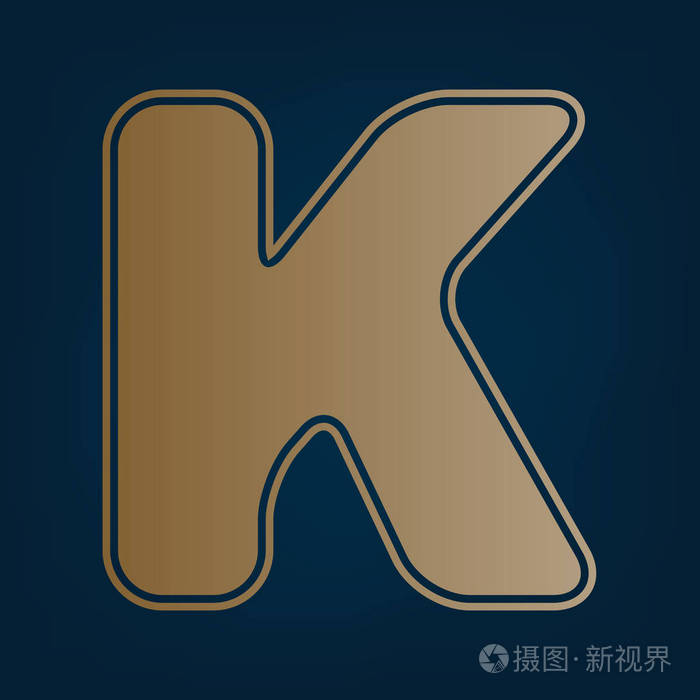 字母k标志设计模板元素. 矢量. 黑色青色背景下的金色图标和边框.