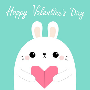 情人节快乐。 小白兔兔小狗头脸上拿着粉红色的折纸心。 爱情卡。 可爱的卡通卡瓦伊有趣的婴儿动物角色。 平面设计。 孤立的。 蓝色