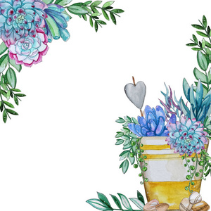 水彩仙人掌和肉质植物模板。 可爱的卡片和你的文字的地方。 婚礼设计装饰花圈