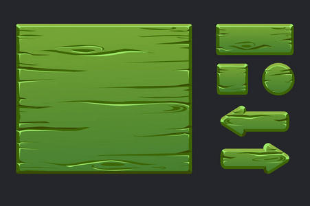 游戏UI套件。模板绿色木制菜单的图形用户界面GUI和按钮，以建立2D游戏。孤立在单独的层上