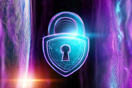 创意紫外线背景全息锁。 安全安全数据隐私数据保护加密货币网络Otak的概念。 复制空间。