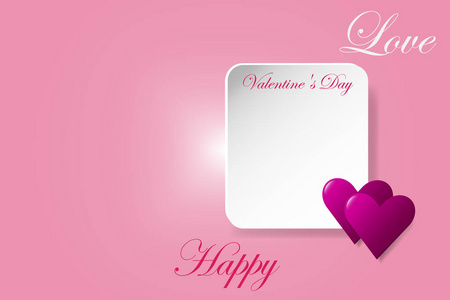 空的白色桌子与情人节菜单铭文已准备好为您的文本。 矢量由两个时髦的粉红色心在右边和爱和快乐的文本装饰。