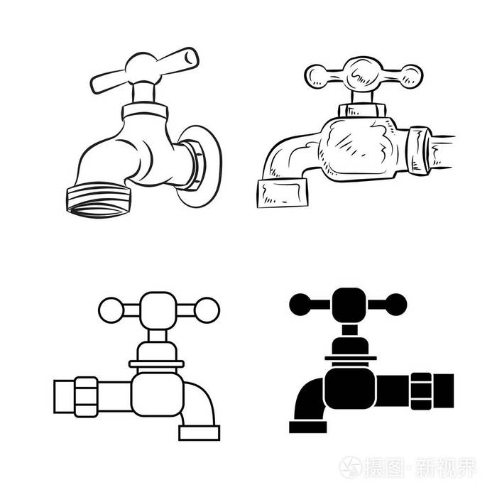 插画 一套水龙头滴水龙头与线图标和手绘网络移动和信息图形.