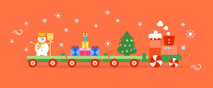 有趣的矢量插图与圣诞火车携带圣诞树雪人与扫帚礼物。 新年快乐2019年圣诞卡。