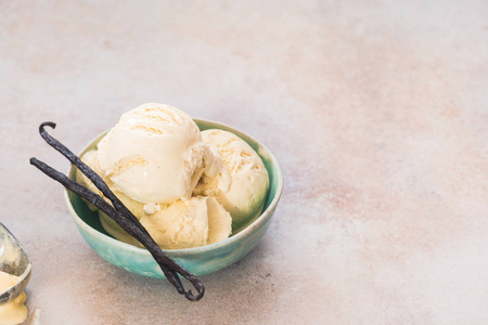 香草豆冰淇淋..香草豆荚碗中的香草冰淇淋，选择性聚焦，复制空间