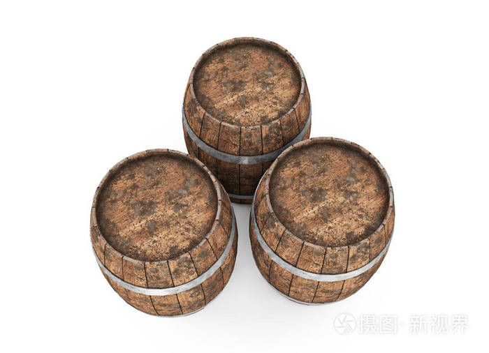 白色背景上隔离的铁箍木桶.三维渲染.旧桶上有锈迹.正面观点
