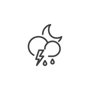 云雷雨雷雨线图标，轮廓矢量标志，线性样式象形隔离在白色上..夜间暴风雨天气符号，标志插图..易生中风