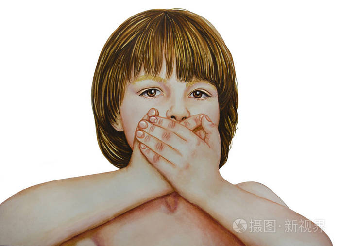 小男孩用手捂住嘴巴用水彩画