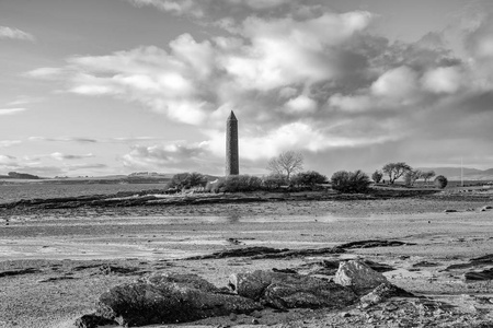  White image of Largs foreshore looking past the Pencil Monument