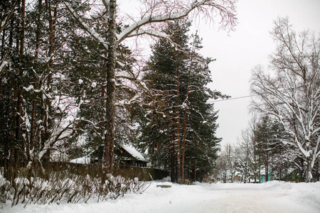 俄罗斯村庄街道上下雪的冬天。