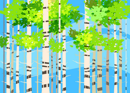 美丽的春天森林树, 绿色的叶子, 风景, 灌木, 树干的剪影, 地平线。向量动画片样式例证横幅横幅查出
