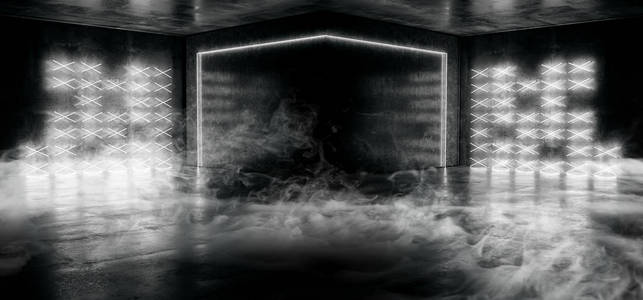 烟雾霓虹灯网络科幻未来现代白色发光LED激光舞蹈俱乐部灯光暗格格格混凝土反光室空空间三维渲染插图