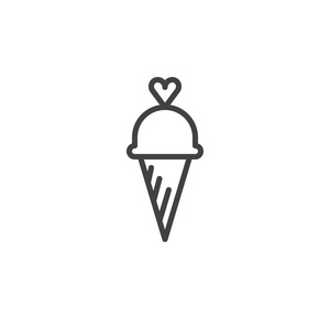 冰淇淋与心线图标轮廓矢量符号线性风格象形文字隔离在白色上。 符号标志插图。 可编辑行程