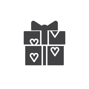 礼物与心脏图标矢量填充平面标志固体象形文字隔离在白色。 符号标志插图。