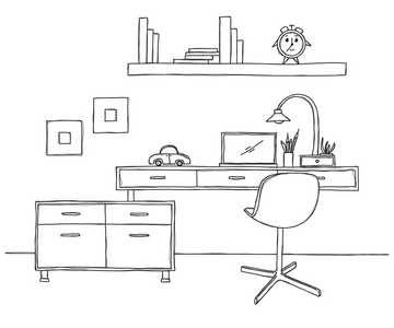 画一下房间。办公椅，办公桌，桌上各种物品..素描工作空间。矢量图