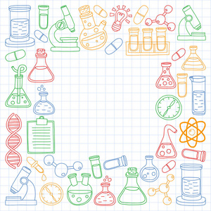 化学的向量集合, 科学图标。带有实验室设备图像的图案