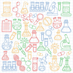 化学的向量集合, 科学图标。带有实验室设备图像的图案